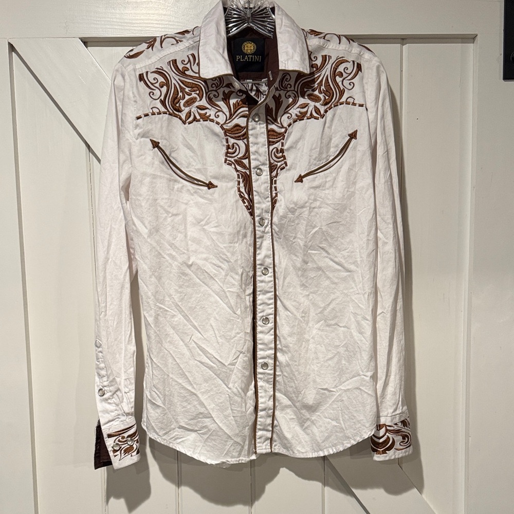 Platinum Men's White and Brown Casual Button Down Shirt